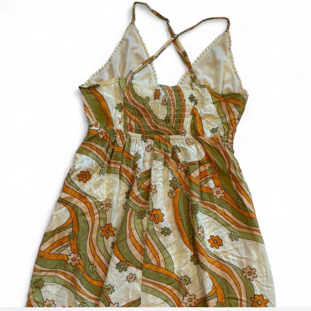 Women’s Retro Print Green & Orange Low Cut Mini Dress Small - Picture 3 of 7